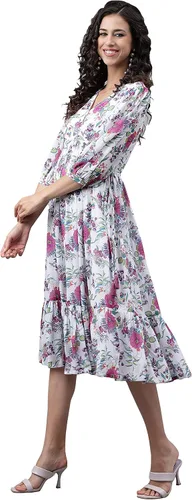Miniatura 5 de Janasya Vestido acampanado con estampado digital Georgette blanco para mujer india