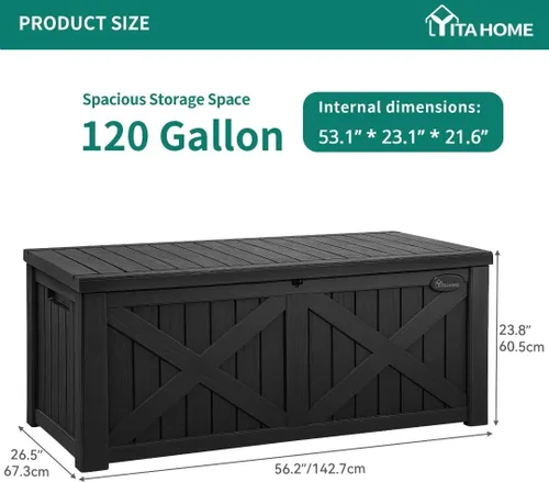 Miniatura 6 de YITAHOME Caja grande de cubierta de 120 galones con parte delantera en forma de X, cajas de almacenamiento de resina para exteriores, banco de Negro
