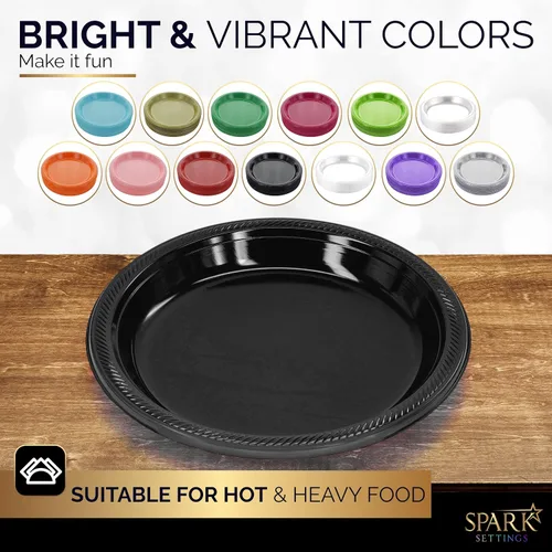 Miniatura 2 de Amcrate Platos desechables de plástico, negro, 10.4 pulgadas, fuertes y resistentes para fiestas, cenas, vacaciones, picnic, viajes, paquete de 50