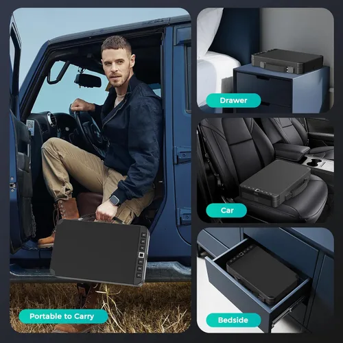 Miniatura 9 de Caja fuerte para pistolas biométrica, caja fuerte para 2 pistolas, acceso rápido a pistola con huella digital, PIN o cerradura de llave recargable
