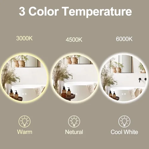 Miniatura 2 de Espejo de baño LED redondo de 24 pulgadas, retroiluminado, antiniebla, 3 colores, luz regulable, montado en la pared, espejo de tocador de baño