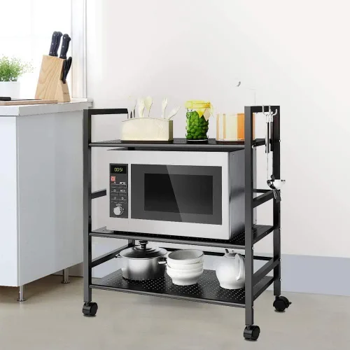 Miniatura 2 de Henf Carrito de cocina de 3 estantes organizador de carrito de cocina con ruedas con cerradura, soporte para horno de microondas, isla de cocina