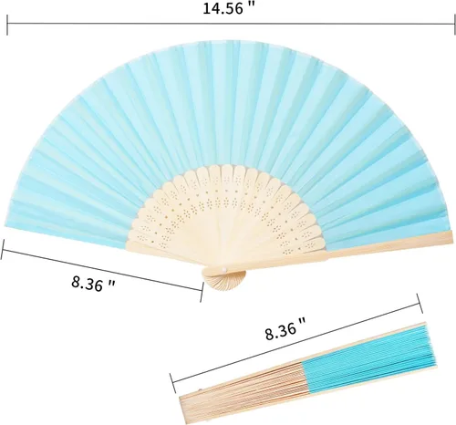 Miniatura 3 de Sepwedd 50pcs azul imitación seda tela bambú plegable mano ventilador novia baile accesorios iglesia boda fiesta favores con bolsas de organza