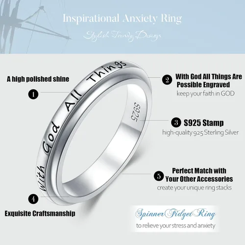 Miniatura 10 de Ladytree Anillo giratorio de plata de ley S925 para ansiedad, anillo inspirador de promesa, ansiedad, preocupación, alivio del aburrimiento, TDAH
