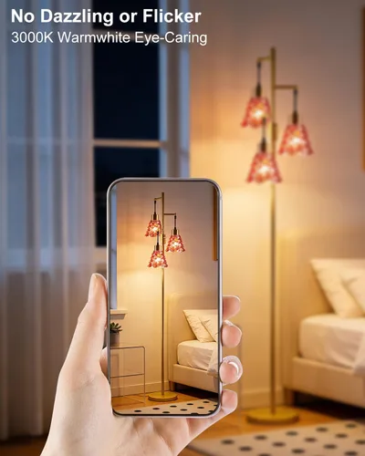 Miniatura 7 de Lámpara de pie moderna de cristal de 3 luces, lámpara alta de pie dorada con pantalla de vidrio de piña roja profunda, lámpara de pie LED regulable