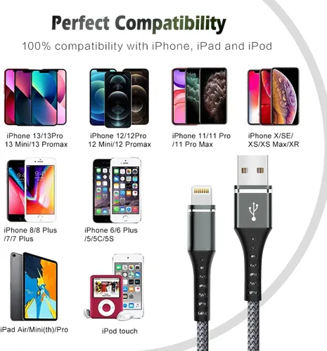 Miniatura 7 de [Certificado Apple MFi] Cargador de iPhone de carga rápida, paquete de 3 cables Lightning de 3 pies, cable de carga de nailon trenzado para iPhone