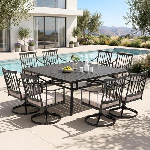Miniatura 14 de PHI VILLA Juego de comedor al aire libre de 7 piezas con cojín, mesa de comedor rectangular de metal de 60 pulgadas con agujero para sombrilla y 6
