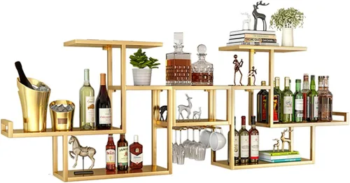 Miniatura 9 de Estantes de metal para bar, estante de vino montado en la pared con soporte colgante para copas de vino para exhibición de botellas de licor