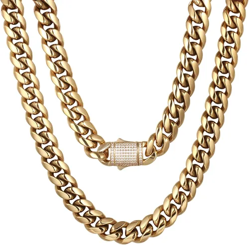 Cadena de eslabones cubanos Miami de 10/12mm, chapado en oro real de 14 quilates, collar de acero inoxidable de alta calidad, joyería hip-hop