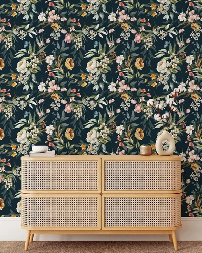 Miniatura 4 de Papel pintado de flores oscuras Papel tapiz floral autoadhesivo extraíble Papel tapiz de peonías y hojas para despegar y pegar