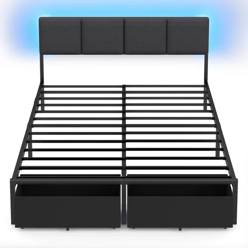 Miniatura 9 de Furnulem Marco de Cama Queen con Cabecera Ajustable, Cama Tapizada con 2 Cajones de Almacenamiento, Estación de Carga USB Integrada y Luces LED, Gris