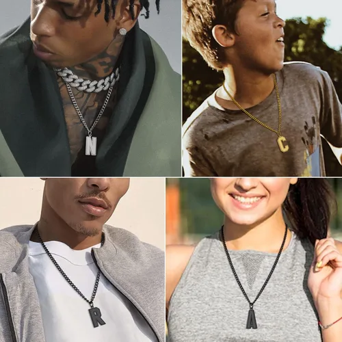 Miniatura 8 de GoldChic - Collar con letra inicial para hombre, de acero inoxidable, collar de iniciales grandes para deportistas y atletas, colgante del alfabeto