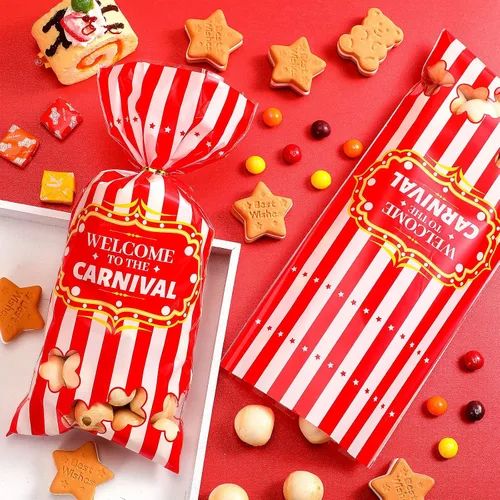 Miniatura 8 de Epakh Paquete de 200 bolsas de dulces de carnaval, con temática de circo, bolsas de plástico para fiestas con patrón de palomitas de maíz y lazos