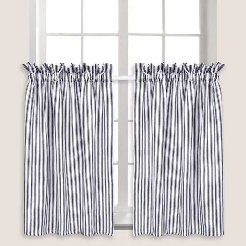 Miniatura 2 de Cortinas de café a rayas azul marino y blanco, 28 pulgadas de ancho x 24 pulgadas de largo, algodón tejido, juego de 2