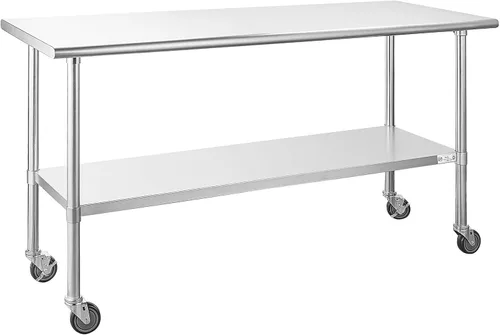 Miniatura 60 de Mesa de acero inoxidable para preparación y trabajo, con ruedas giratorias, mesa resistente, comercial NSF, con estante inferior y protector