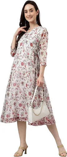Miniatura 4 de Janasya Vestido acampanado con estampado floral de lúrex de gasa blanca para mujer india