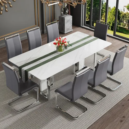 Miniatura 17 de Juego de mesa de comedor moderno de 67 pulgadas para 6, juego de mesa de cocina blanca, juego de mesa de comedor de lujo con mesa de mármol