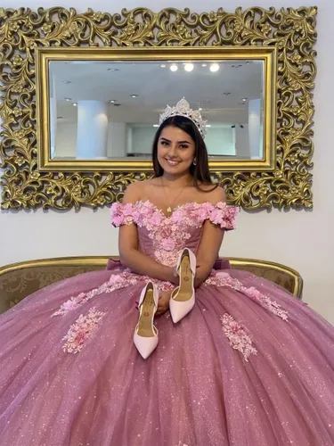 Miniatura 4 de Youjiayi Vestidos de quinceañera florales 3D con lazo fuera del hombro con cuentas dulces 16 vestidos de encaje hinchado apliques vestido de bola