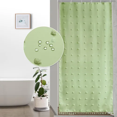 Miniatura 15 de LilyCat Cortina de Ducha de Tela Beige Estilo Boho Granja, 72x72 pulgadas Plisados Acolchados Florales Abullonados con Textura de Borlas, Cortina