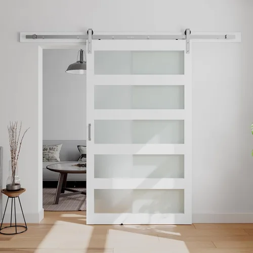 Miniatura 13 de Puerta corrediza de granero de vidrio de 5 paneles de 42 x 84 pulgadas con kit de herrajes de 7 pies incluido, fácil montaje con agujeros Blanco