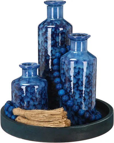 Miniatura 13 de Juego de 5 piezas de centros de mesa rústicos de mesa, juego de 3 jarrones de cerámica boho con bandeja de madera para servir cuentas de madera