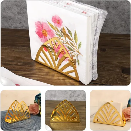 Miniatura 6 de Metal Napkin Holder Stand, Gold Triangular Tissue Dispenser for Restaurant and Home Table, Iron Art Hollow Design Napkin Storage Rack for Kitchen