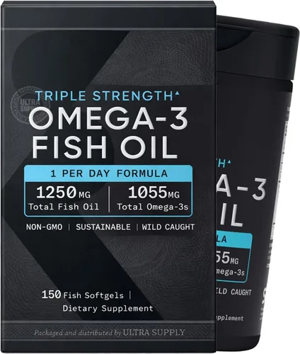 Aceite de pescado deportivo, triple fuerza, (150 unidades) fórmula sin eructos, 1250 mg de aceite de pescado, 1055 mg de Omega 3