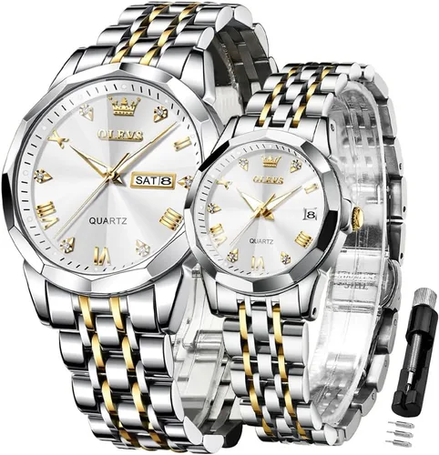 OLEVS Juego de 2 relojes de cuarzo para parejas de San Valentín, calendario luminoso, ventana de fecha, 3 ATM, impermeable, casual, acero