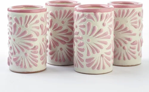 Miniatura 29 de Juego de 4 vasos de chupito Talavera auténticos mexicanos para tequila - Pintados a mano - 2 Oz (Flores naranjas)