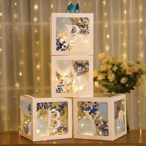 Miniatura 6 de Decoraciones de caja de globos para baby shower, 4 bloques de bebé transparentes con letras "Baby Girl", paquete de 4 luces LED de hadas y 40 globos