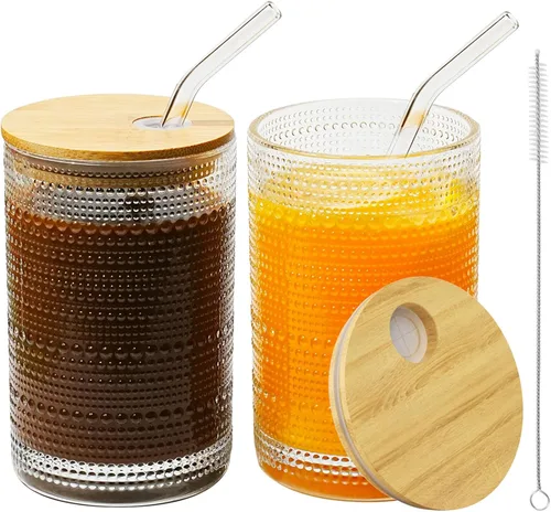 Vasos de vidrio de 15 onzas con tapas y pajitas, cristalería vintage en relieve para whisky, cóctel, cerveza, taza de café helado con tapa (paquete