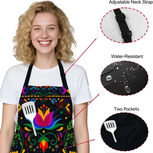 Miniatura 2 de Delantal floral mexicano con 2 bolsillos, delantal ajustable para cocinar, hornear, barbacoa, pintura, regalos para mujeres y hombres