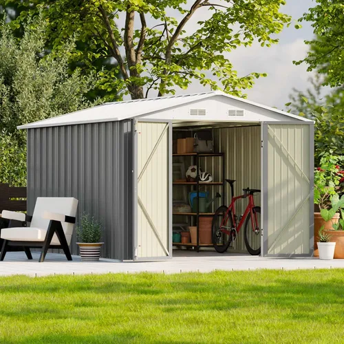 Miniatura 21 de Patiowell - Cobertizo de almacenamiento al aire libre de 3 x 3 pies, pequeño cobertizo de almacenamiento de herramientas de jardín con techo Gris