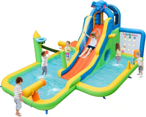 Miniatura 9 de HONEY JOY Tobogán acuático inflable, doble tobogán gigante con parque acuático con escalada, piscina de salpicaduras, toboganes acuáticos inflables