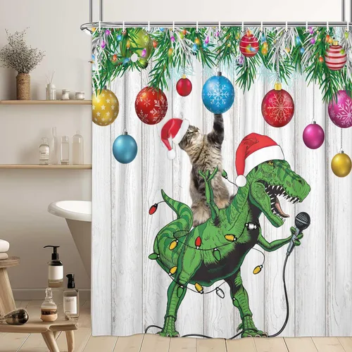 Miniatura 4 de Divertida cortina de ducha de Navidad, bonito dinosaurio en sombrero de Papá Noel cantando Feliz Navidad para niños, niños y niñas, decoración