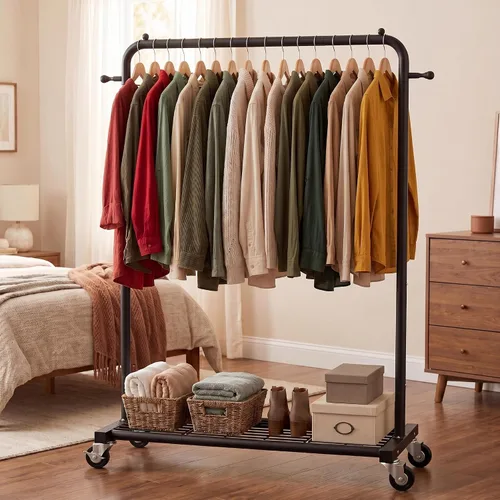 Miniatura 5 de Sywhitta Perchero con ruedas con estante de almacenamiento de malla y marco de metal resistente, perchero con ruedas para colgar ropa, abrigos