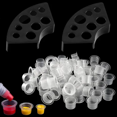 Kit de tapas y soportes de tinta de tatuaje, 300 vasos de tinta desechables (S/M/L) + 2 soportes negros, diseño apilable para tatuadores y