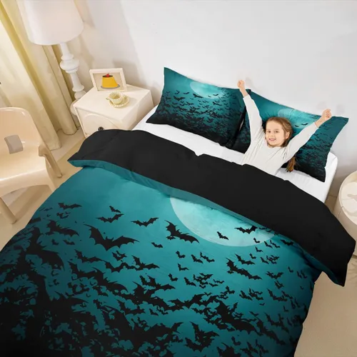 Miniatura 5 de Funda de edredón de Halloween, juego de ropa de cama individual de calabaza y gato para niñas y niños, sombrero de bruja espeluznante morado