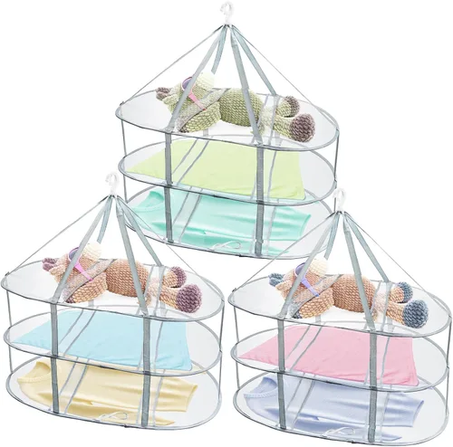 Jucoan Paquete de 3 tendederos de malla plana plegable de 3 niveles para ropa sucia para suéteres, muñecas delicadas, camisetas, traje de baño,