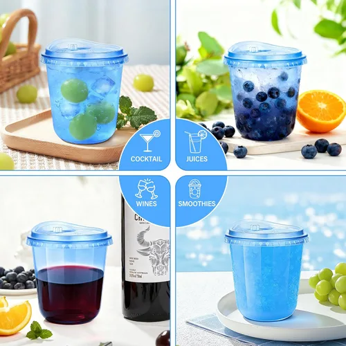 Miniatura 5 de KesaPlan Paquete de 50 vasos de plástico azul de 12 onzas con tapas para sorber, vasos de vino desechables sin popote para café helado, cócteles