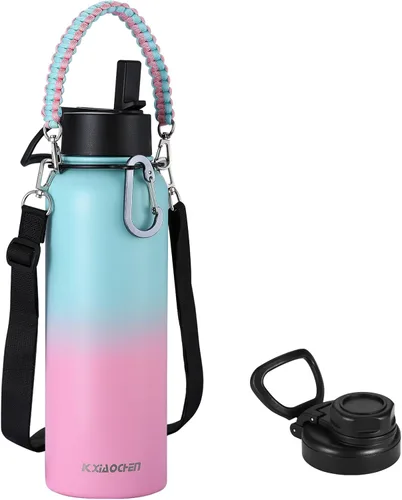 Miniatura 44 de KXIAOCHEN Botella de agua aislada, botella de agua de acero inoxidable, 2 tapas (con pajilla y tapa con asa), botellas de agua metálicas de boca