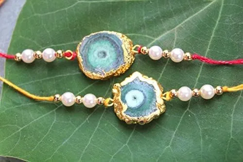 Miniatura 5 de HiJet Rakhi-Hijet - Paquete de 2 pulseras de hilo para hermano/Bhai On Rakshabandhan para protecciones y bendiciones, tamaño libre, Gema, Ágata