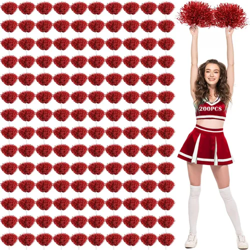 Jerify 120 pompones de animadora de papel metálico a granel con mango de bastón, pompones de plástico para animadoras, flores de mano para Rojo