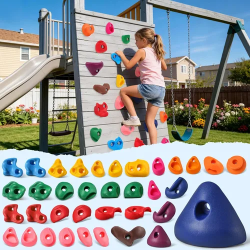 Miniatura 13 de Juego de 45 soportes para escalada en roca para niños, agarres de pared para escalada en roca, juego de pared para interiores y exteriores, juego