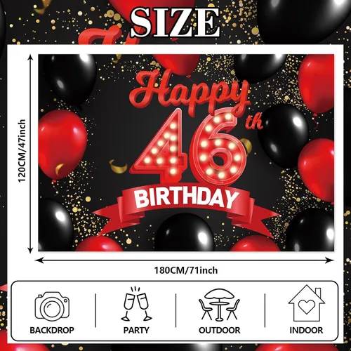 Miniatura 2 de Feliz 46º Cumpleaños Pancarta Roja y Negra Telón de Fondo Decoraciones Globos Decoración Temática para Niñas Mujeres Princesa 46 Años Fiesta