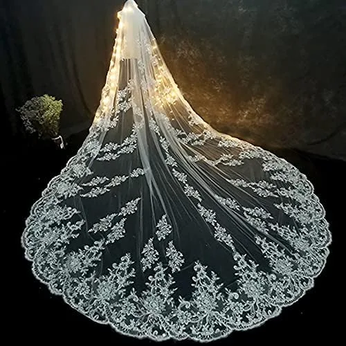 Miniatura 3 de YEKIM Velo de novia largo velo de novia blanco marfil velos de novia con peine de borde de encaje apliques elegante longitud catedral accesorios