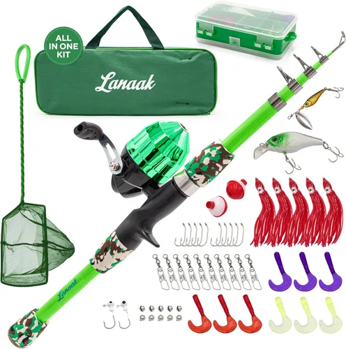 Lanaak Caña de Pescar para Niños, Juego de Caña de Pescar Telescópica Portátil para Niños, Kit Combo de Caja de Aparejos y Red de Pesca, Equipo de