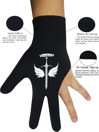 Miniatura 2 de ANIMSWORD Juego de 2 guantes de billar transpirables y cómodos que se adaptan a la mano izquierda para guantes deportivos Snooker Cue. Negro