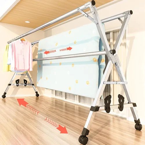Miniatura 5 de Tendedero de ropa de 63 pulgadas, de acero inoxidable, con ruedas, plegable, para uso en interiores y exteriores, terraza, sótano, lavadero