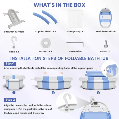 Miniatura 7 de Bañera plegable para bebés, bañeras para bebés recién nacidos con cojín suave y termómetro y bolsa de malla organizadora de juguetes, bañera